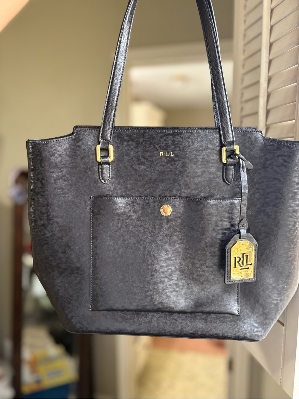 Lauren Ralph Lauren Black Leather Tote Shoulder Bag Gold Hardware